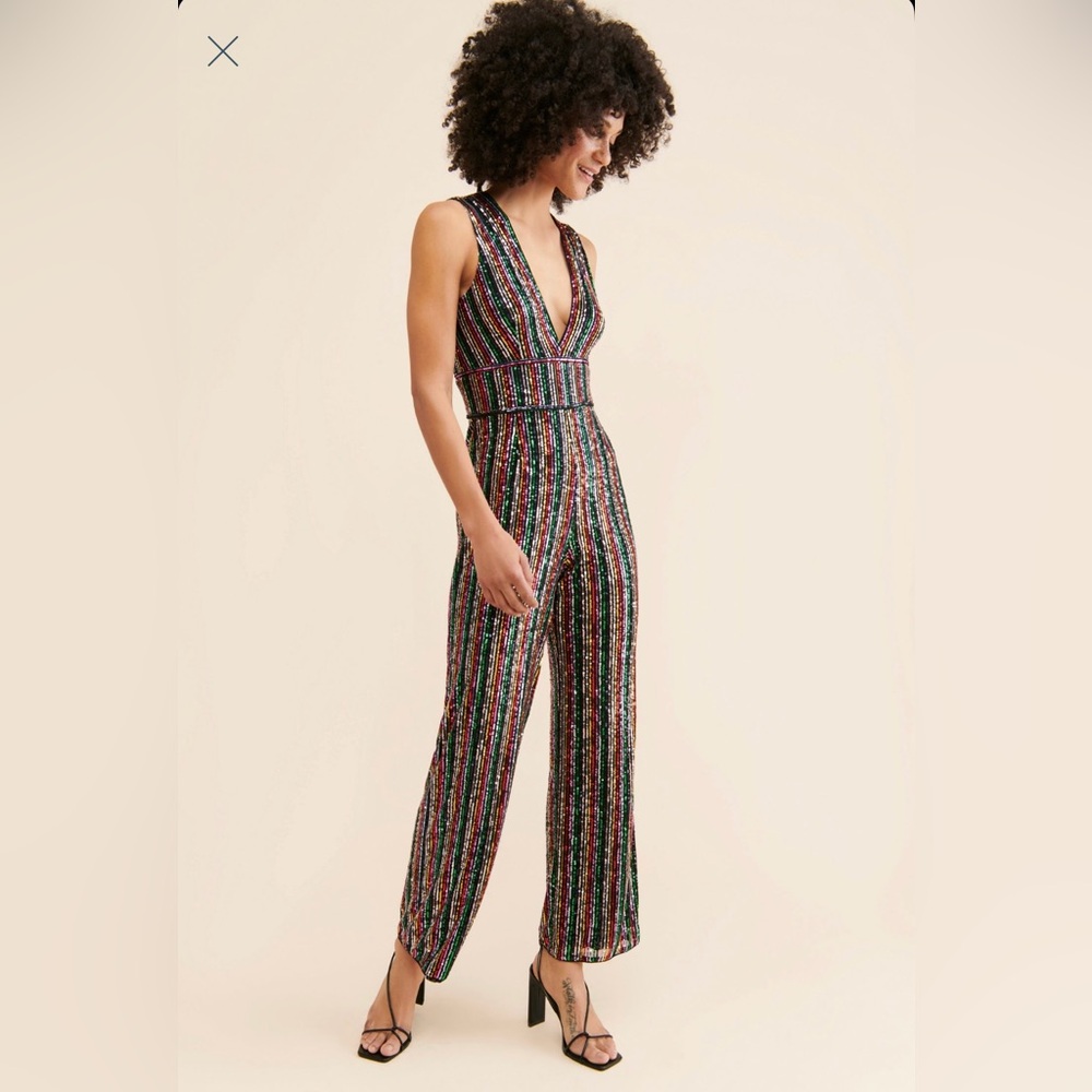 ANTHROPOLOGIE Stripped Rainbow Sequined Wide Leg Jumpsuit Winnipeg Size M
